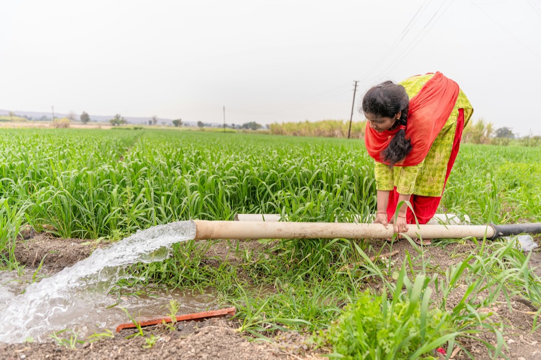 Water flowing from an irrigation pipe into a green field